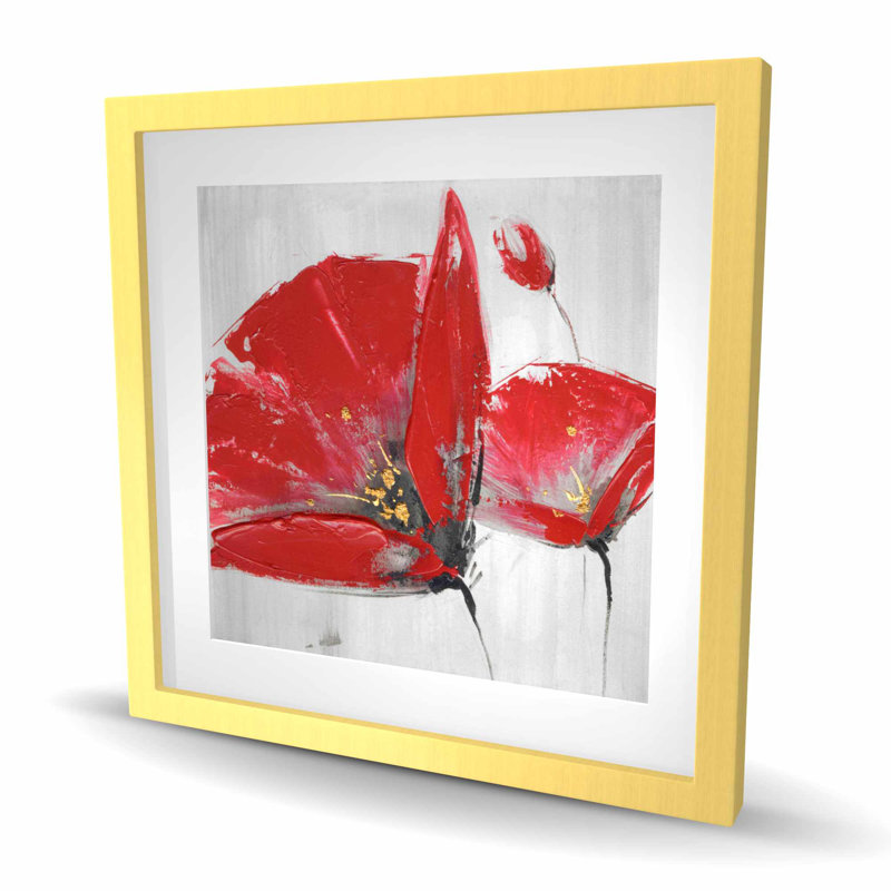 Three Red Flowers on Gray Background - Framed Matted Print