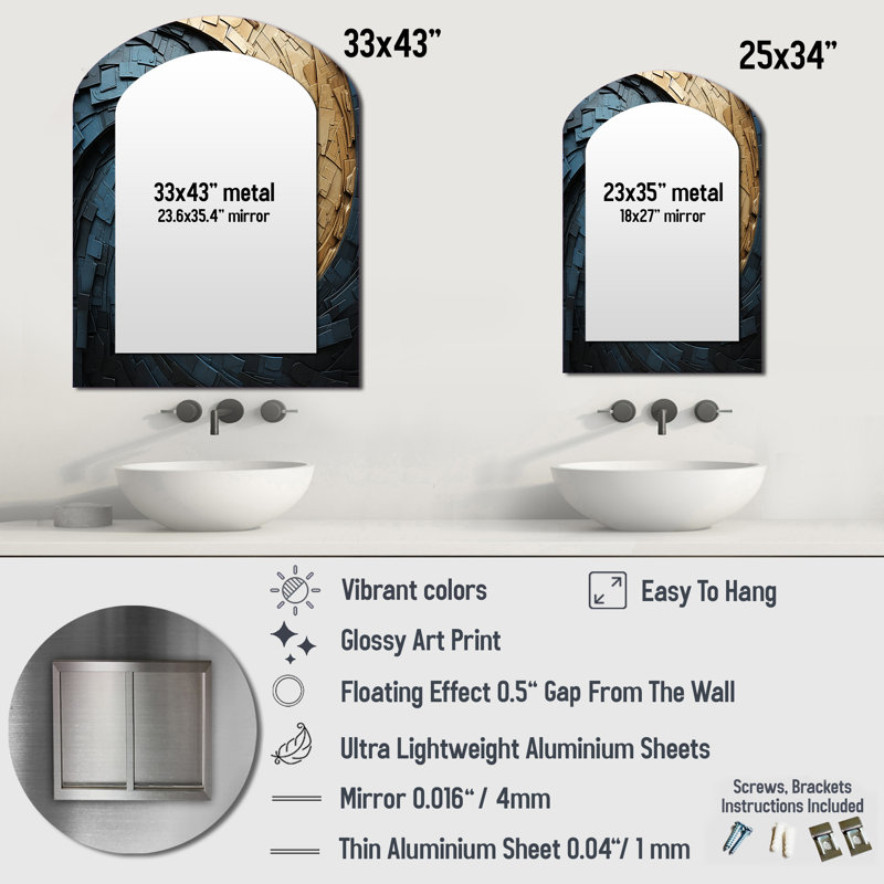 Gold Teal Minimalisme Spiral Poteries - Miroir mural arqué or moderne, 34 po x 25 po