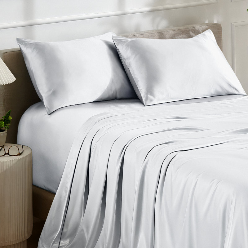 Ensemble de literie en satin, Ensemble de draps pour très grand lit avec 2 taie, Blanc