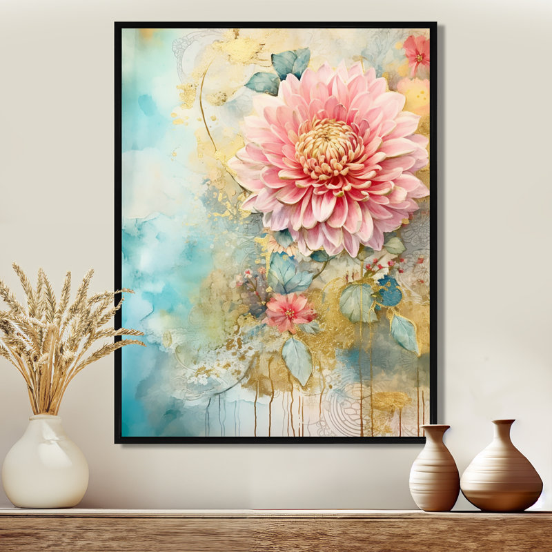 «Dahlia» en fleur, collage doré rétro - décoration murale Dahlia, Toile avec cadre flottant noir, H 20 po x l 12 po x P 1 po