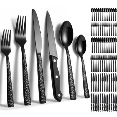 72 Pieces Black Hammered Silverware Set With Steak Knives, Stainless Steel Flatware Set For 12, Vintage Metal Tableware, Mirror Polished Cutlery, Dishwasher Safe For Restaurant And Home Use