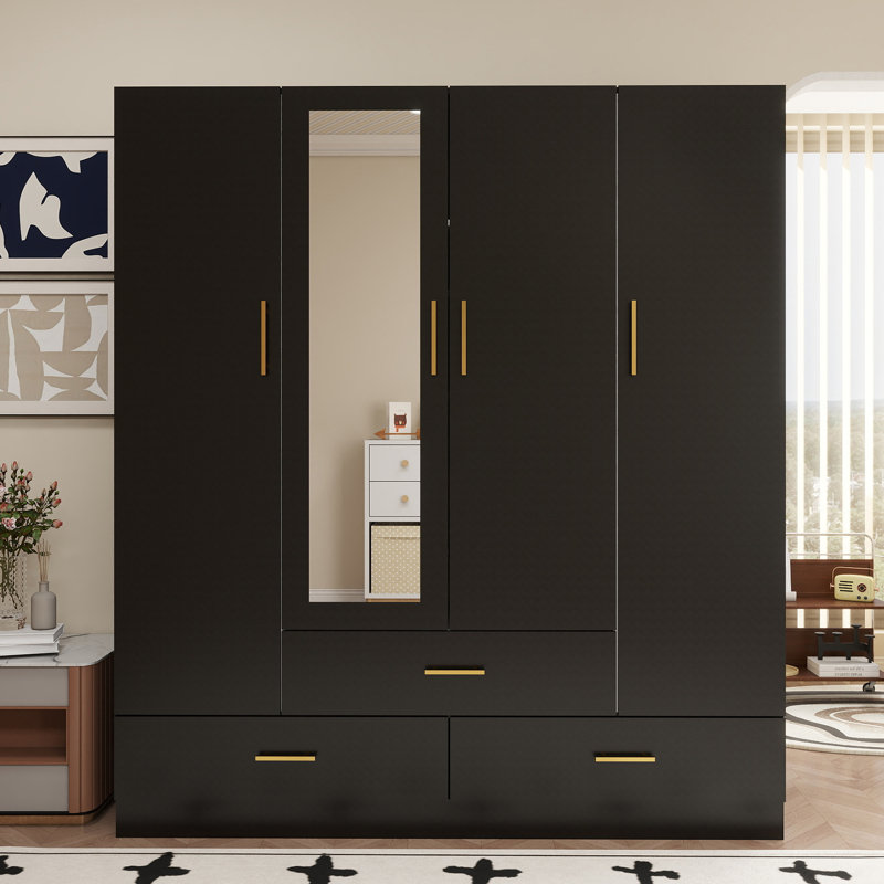 Armoire penderie noire autoportante avec miroir et tiroirs