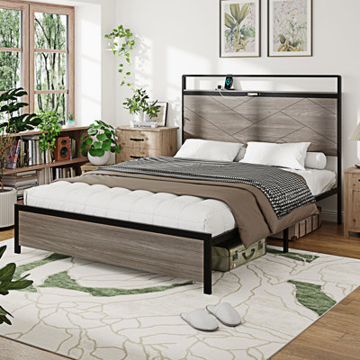 Base de lit plateforme en bois avec tête de lit à DEL, charge USB et rangement spacieux sous le lit