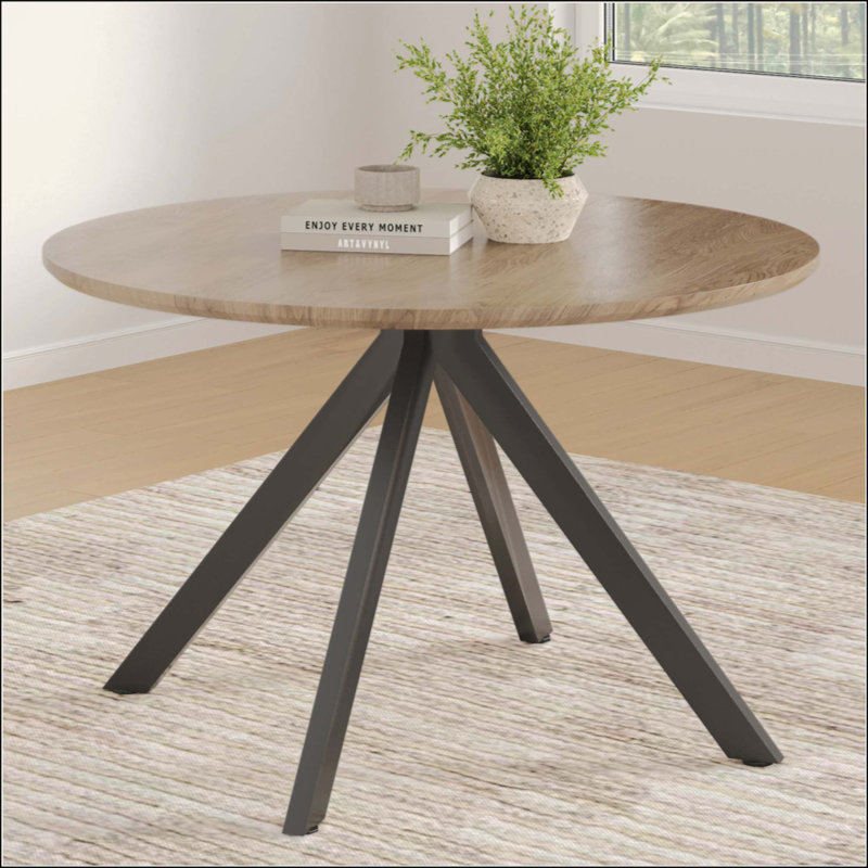 Table de salle à manger ronde en bois massif pour 4 à 6 personnes avec base piédestal entrecroisée, Brun, Noir
