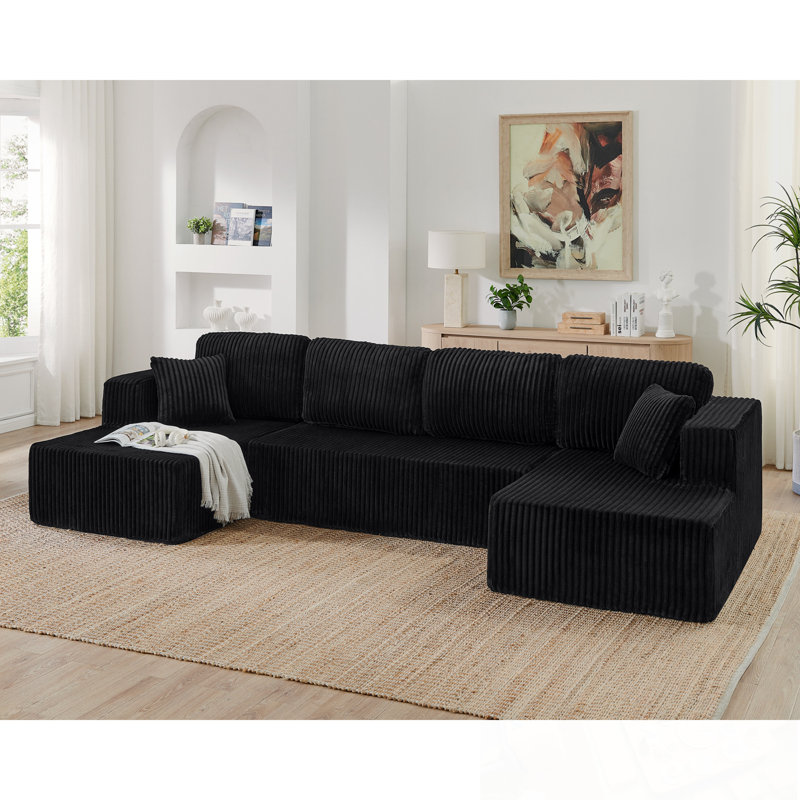 U shape Corduroy Modular Sectional Sofa with soft cushion, Black