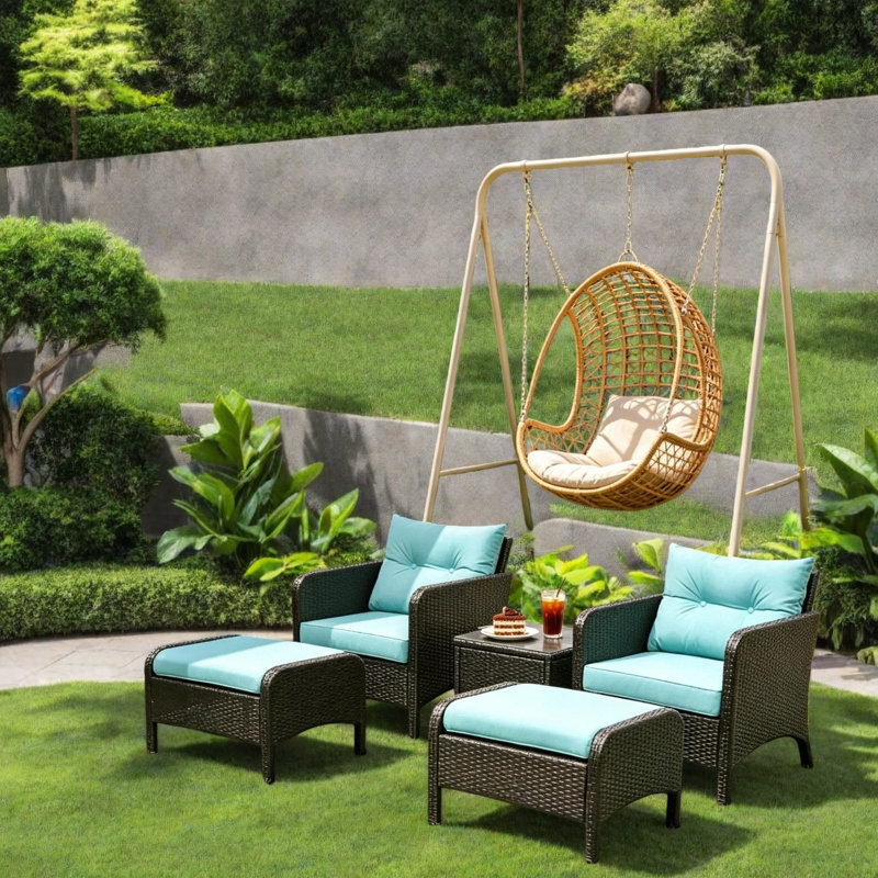 Canapés de patio modernes, ensemble en rotin d'acier 5 pièces, sièges d'extérieur compacts
