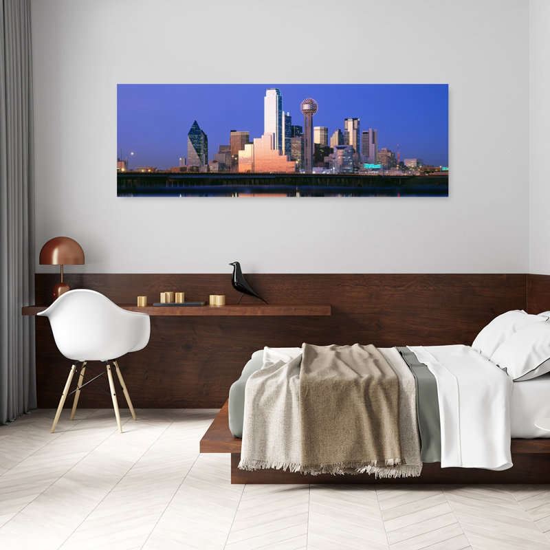 Nuit, paysage urbain, Dallas, Texas, États-Unis, art contemporain abstrait, art mural de la ville, 20" H x 60" W
