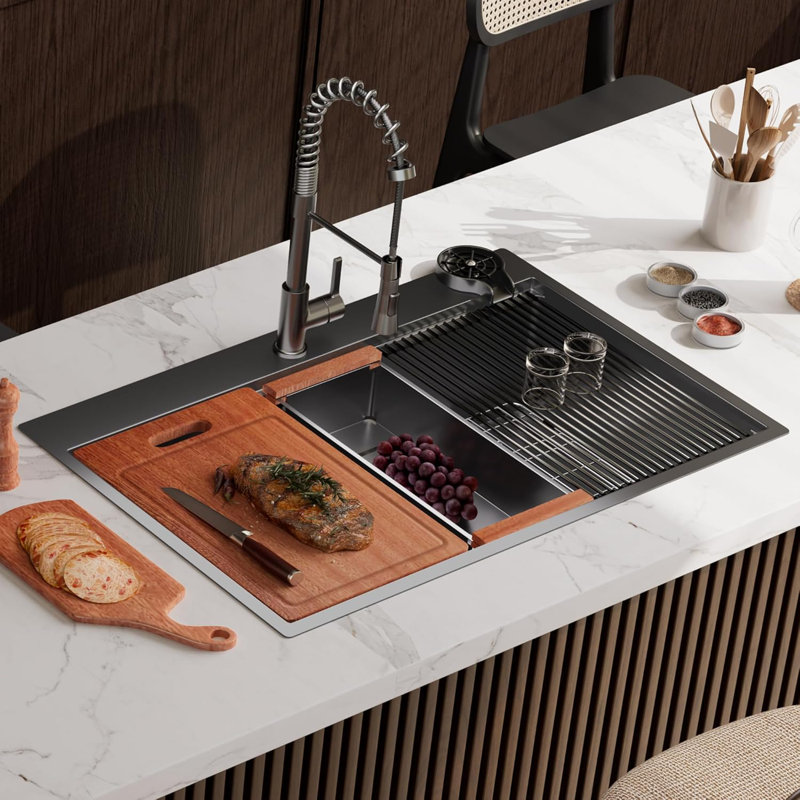 Évier de cuisine encastré noir 33 po, station de travail en acier inoxydable de calibre 16, 33 po x 22 po avec accessoires
