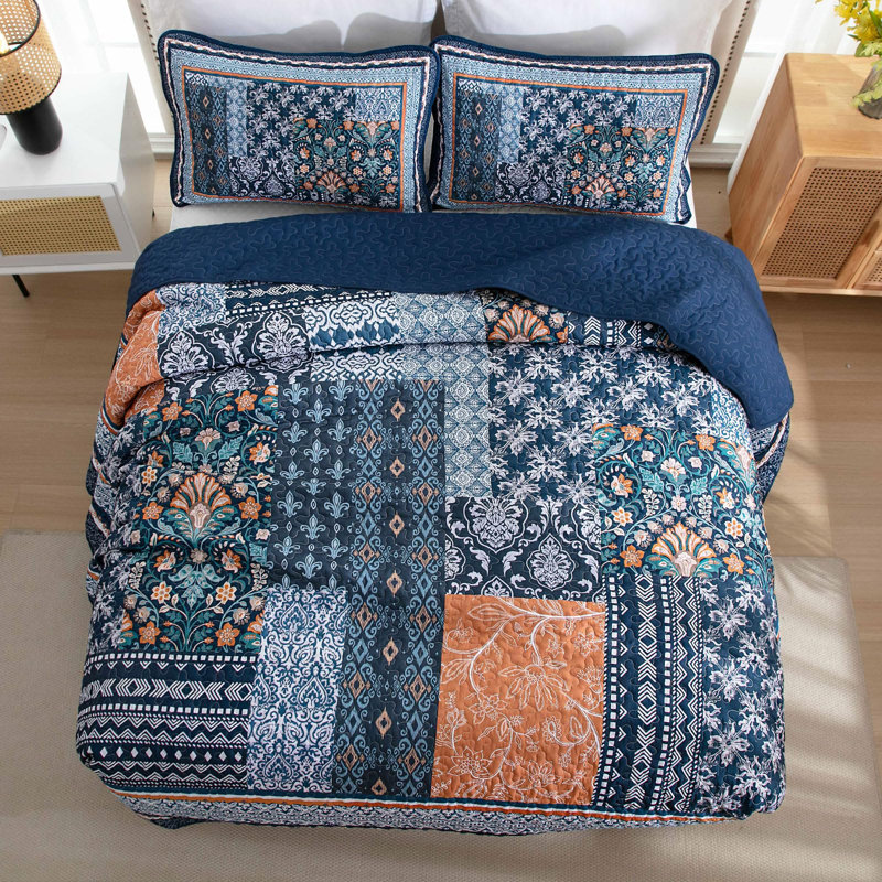 Ensemble de couvre-lit 3 pièces Boho, Courtepointe pour lit grand + deux taies décorati, Marine