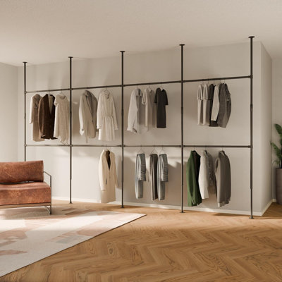 Industrial Pipe Clothing Rack - Adjustable Closet Organizer System For Ceiling Heights 86"-98" - Heavy Duty Clothes Rack Or Room Divider