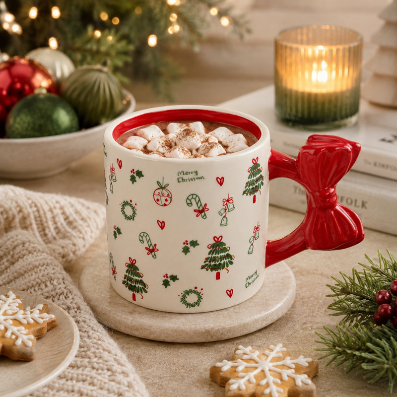 Tasse de Noël en céramique avec poignée d'arc - tasse à café de Noël, verrerie décorative saisonnière