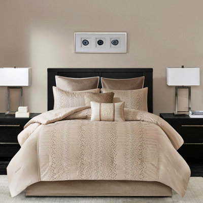 8 Piece Comforter Queen - Embroidered, Faux Silk, Beige Size 8 Filled