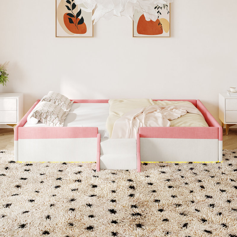 Lit de plancher rembourré avec lumières DEL et clôture, Lit double, Blanc rose