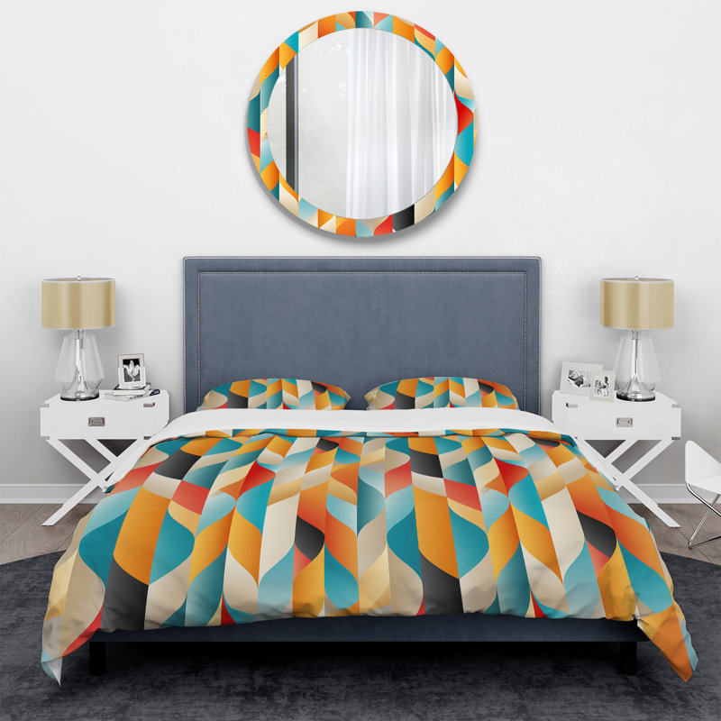 Orange Turquoise Retro Revival Geometric - Ensemble de housse de couette géométrique