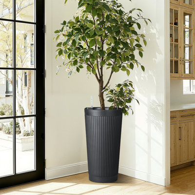 24" H Large Tall Round Planter, Modern Striped Extra Large Plastic Plant Pot for Indoor & Outdoor Plants, Decorative Floor Planter for Patio, Porch & Home Décor