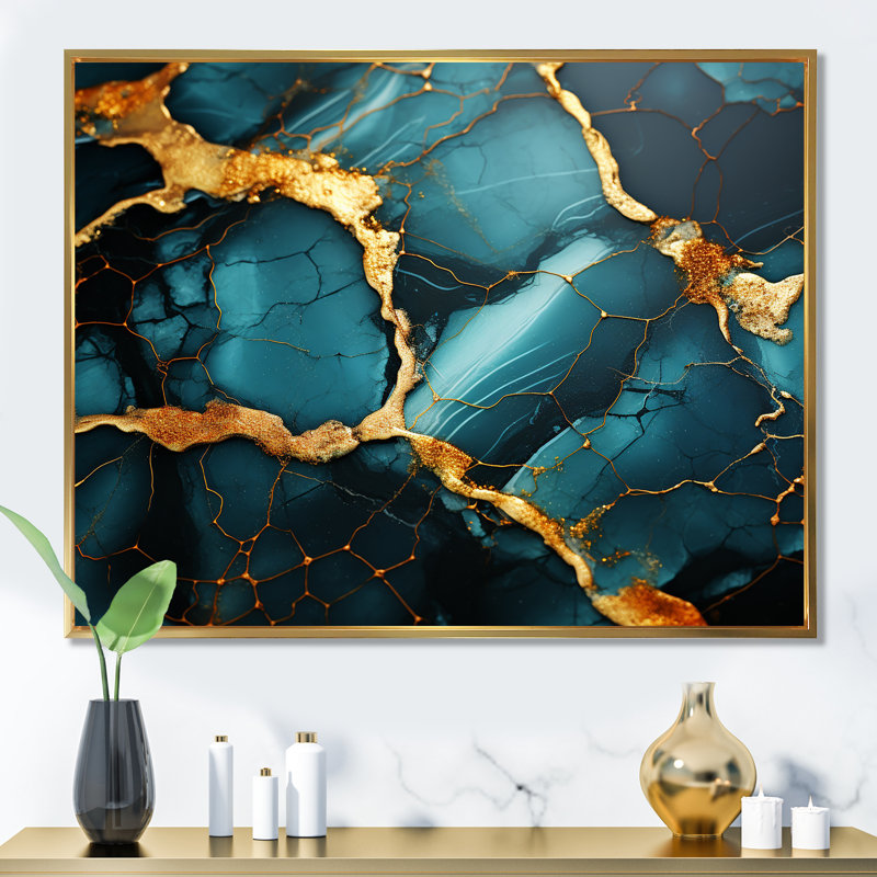 «Green and Gold Topaz Agate Granite III», reproduction d'art murale abstraite, Cadre flottant doré