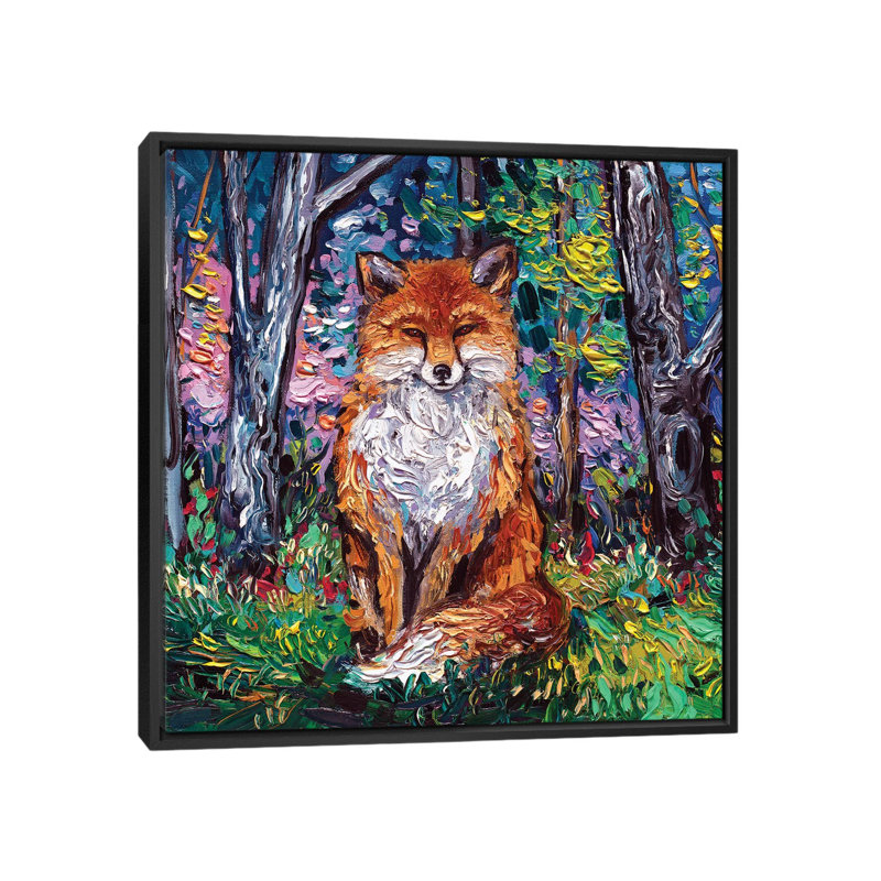 Le renard roux par Aja Trêves - reproduction d'art, H 26 po x l 26 po x P 1,5 po, Toile avec cadre noir, Pas de tapis