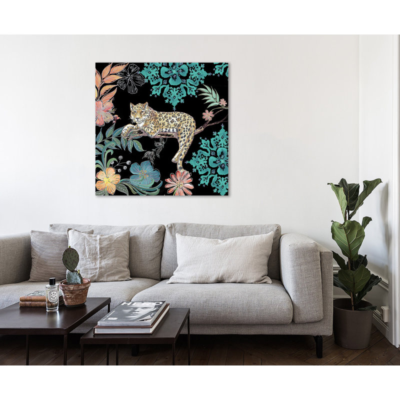 Boho Leopard Lounging With Wild Flowers - Impression sur toile tendue, H 36 po x l 36 po x P 1,5 po