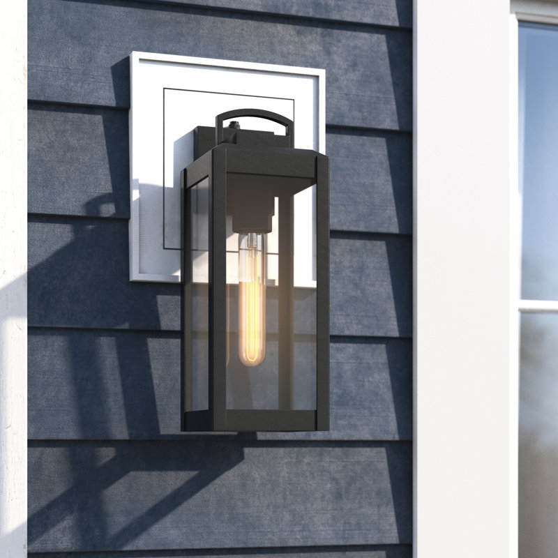 Haviland 14.25 in. H 1-Light Textured Black Dusk to Dawn Sensor Outdoor Wall Sconce, Durable Steel, Clear Glass Shade, LED Compatible for Exterior Porch Patio Front Door or Garage