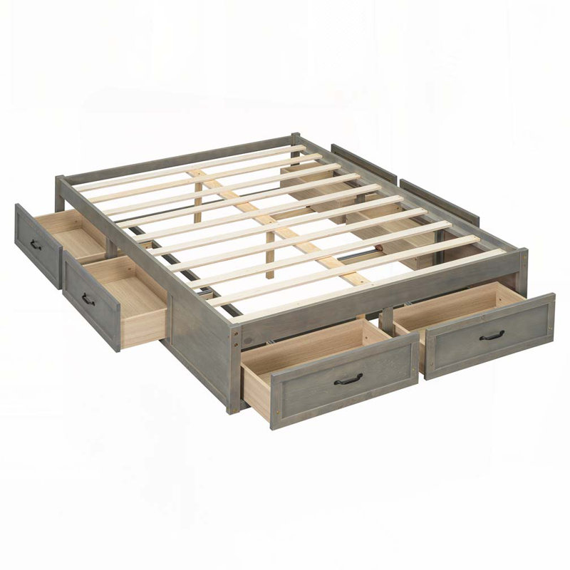 Lit plateforme en bois avec 6 tiroirs de rangement, Lit double, Gris antique