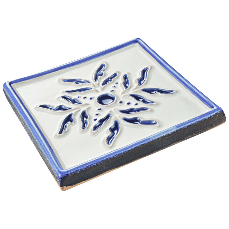 Novecento Taco Evoli 5" x 5" Ceramic Decorative Accent Tile, White/Blue