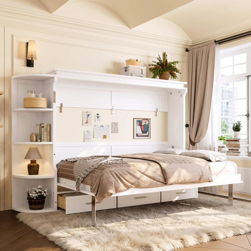 Lit double blanc avec tablette, armoires latérales et tiroirs, peu encombrant dans la chambre d'amis, plateforme format structure idéale pour un bureau à domicile, caractéristique