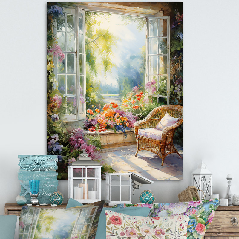 Green French Window View III - Floral Window Wall Art, Wrapped Canvas, 20" H x 12" W x 1" D