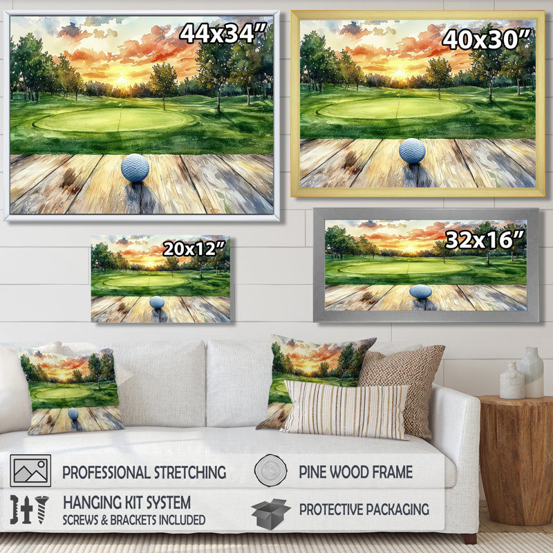 Pratique de golf sur un plateau en bois - Art mural de golf, H 28 po x l 60 po, Cadre flottant, Argent argent