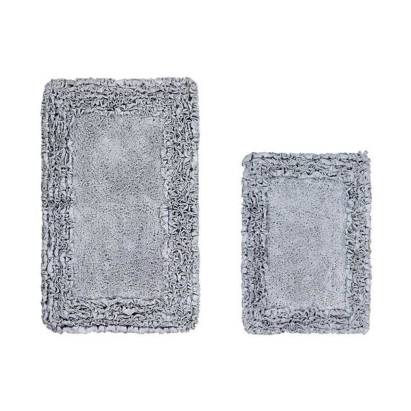Courson Premium 100% Cotton 1775 GSM 2-Piece Bath Rug Set, OEKO-TEX® Certified, Non-Slip Spray Latex Backing, Plush Tufted Ruffle Pattern, Super Absorbent, Machine Washable Bathroom Rugs, Silver
