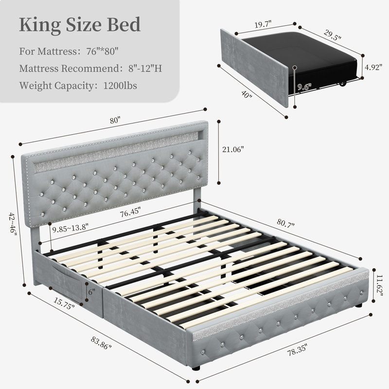 Kendrall Upholstered Storage Bed Frame with Adjustable Headboard & LED Lighting, Gray, King