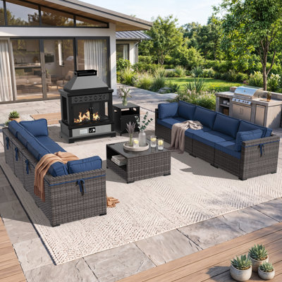 8-Piece Outdoor Wicker Modular Sectional Sofa Set with Coffee Table, Cushions and Large Double-Sided Patio Umbrella, Patio Conversation Furniture for Backyard Garden
