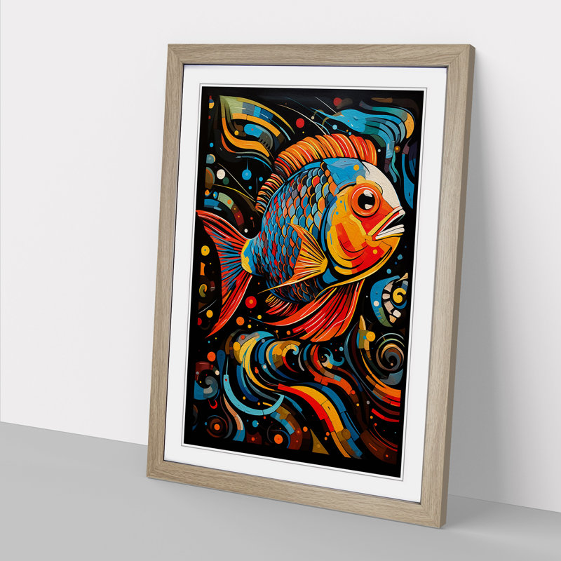 Fish Abstract - Single Picture Frame Print on Wood, Oak Framed, 34cm H x 25cm W