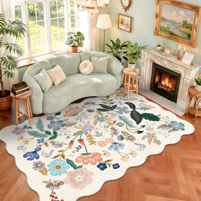 5x7 Living Room Area Rugs: Washable Floral Non-Slip Rug for Bedroom Dining Room Soft Carpet for Nursery Kitchen Home Office Farmhouse Thin Floor Mat for Teen Dorms(5x7,Cream)