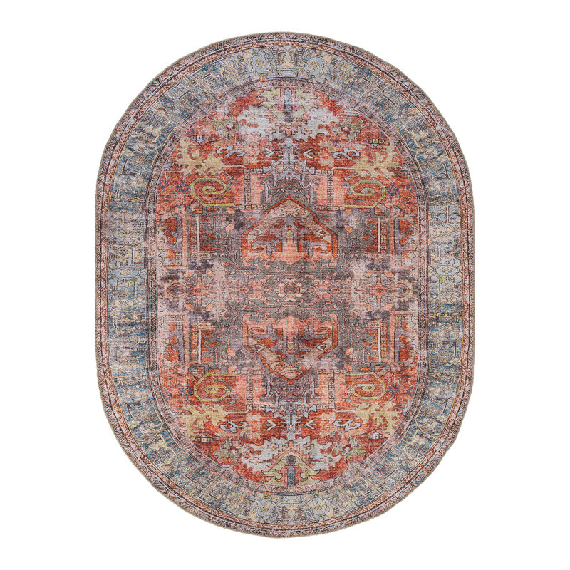 Tapis oriental lavable à la machine rouge / bleu Labarbera, Ovale 5 pi x7 pi