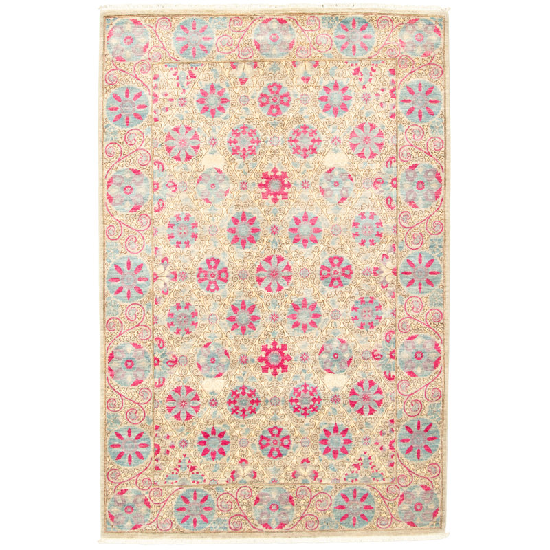 Tapis ivoire / rose en laine noué à la main Deluna
