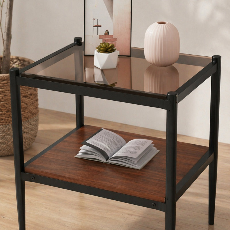 Table de bout rectangulaire polyvalente avec plateau en verre trempé et fabrication en panneau de fibres à densité moyenne durable pour le salon