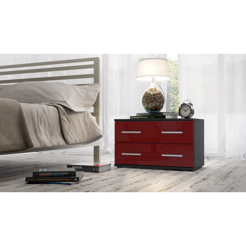Janney 59.99cm W Wood Bedside Table, Matt black/Glossy burgundy