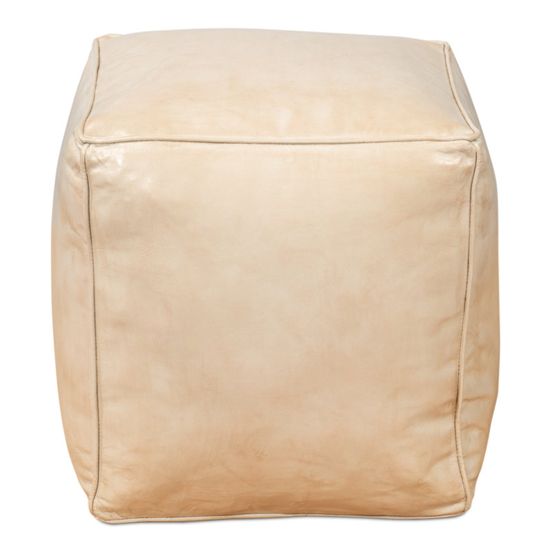 Square Ottoman, Beige Genuine Leather