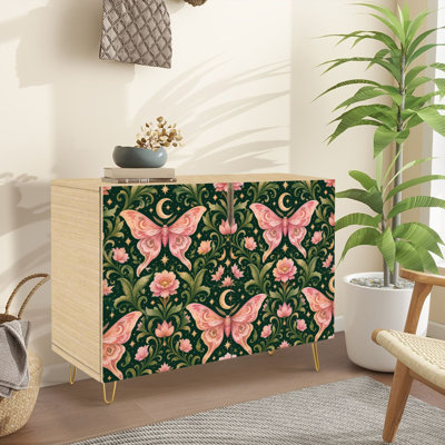 Buffet Buffet avec rangement Papillons roses rétro botaniques fleurs de lotus Crescent Moons foncé avec 2 portes pour le salon et la cuisine