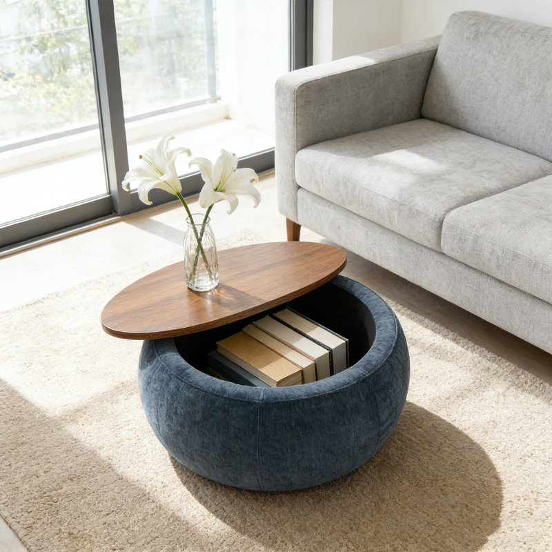 Repose-pieds rond 2 en 1 avec rangement, fonctionne comme table de bout et repose-pieds avec petit siège, Bleu très foncé