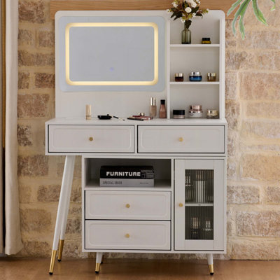 Meuble-lavabo moderne avec miroir et lumières, coiffeuse rétractable avec tiroirs et armoire, ensemble de table de maquillage compact avec prise de courant pour chambre à coucher