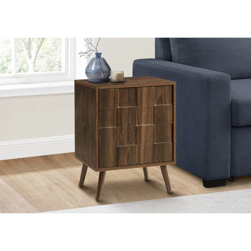 Table d'appoint moderne avec rangement compact: 23 po de hauteur, stratifié noyer, pieds en bois massif, loquet poussoir, tablette réglable pour la chambre à coucher ou le salon