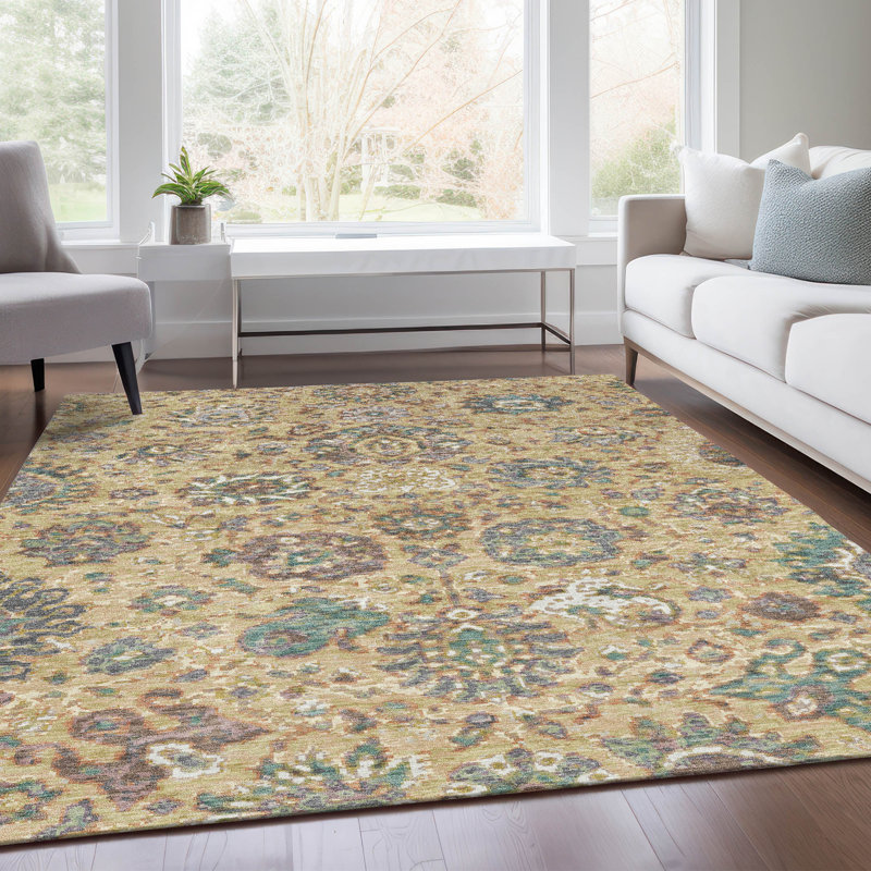 Tapis intérieur / extérieur doré lavable à la machine Xhevrie, Rectangle 10 pi x 14 pi