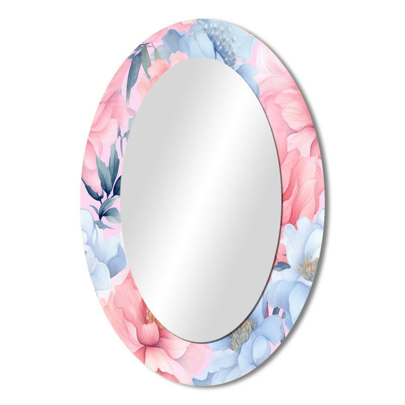 Pétunia rose et bleu sur fond blanc I - Miroir décoratif floral ovale sur métal, 36 po x 24 po