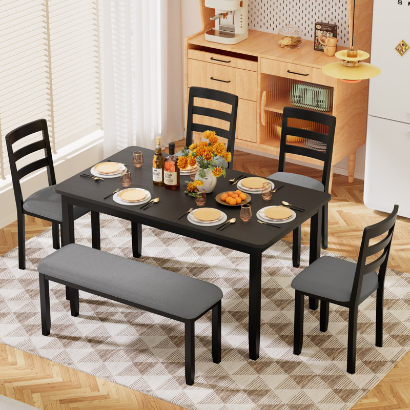 Solid Wood 6-piece Dining Table Set, Modern 58" Wide With 4 Chairs And 1 Bench For Kitchen And Dining Room, Gray