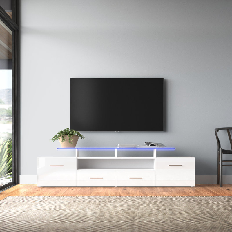 Casares 76.3" Modern TV Stand with LED Lighting, High Gloss Finish, Media Storage, White