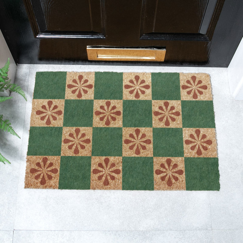 Petal Checkerboard Coir Doormat, 60cm W x 90cm L, Green/Yellow