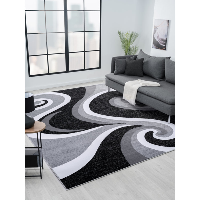 Abstract Machine Woven Gray/Black Area Rug, Rectangle 4' x 5'
