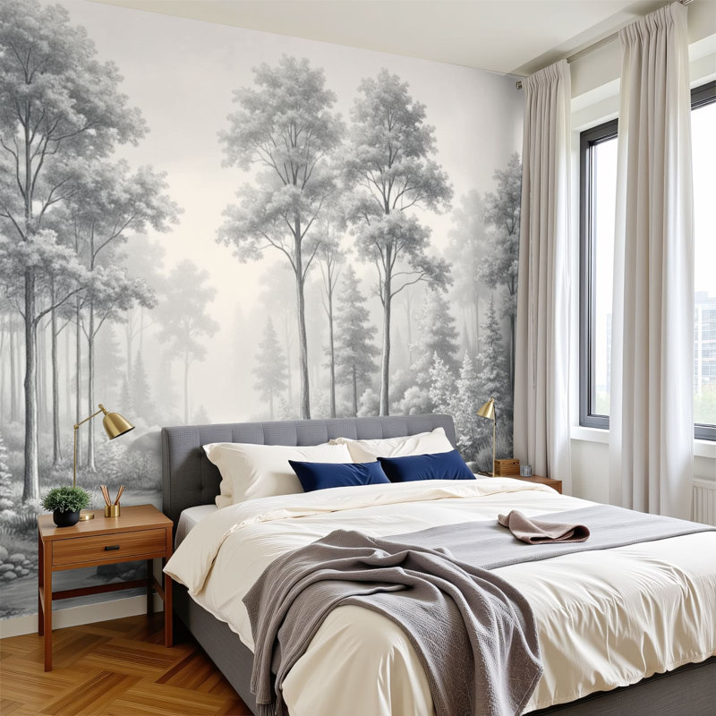 Papier peint adhésif mural moderne style contemporain Misty Forest Stream, L 144 po x l 100 po