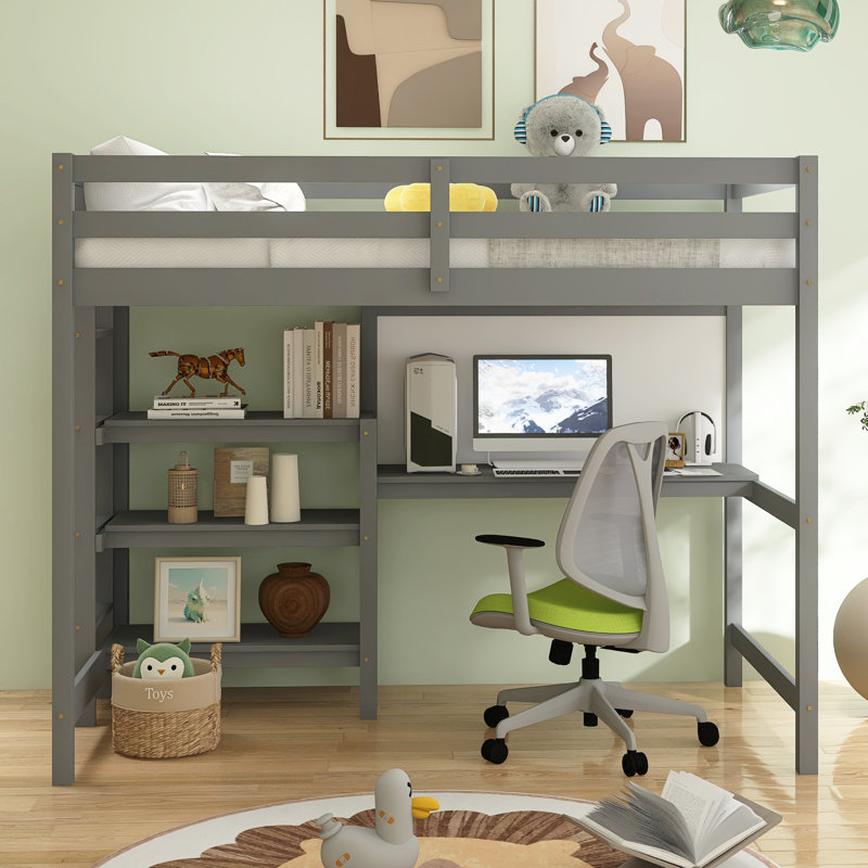 Lit mezzanine double en bois, Gris